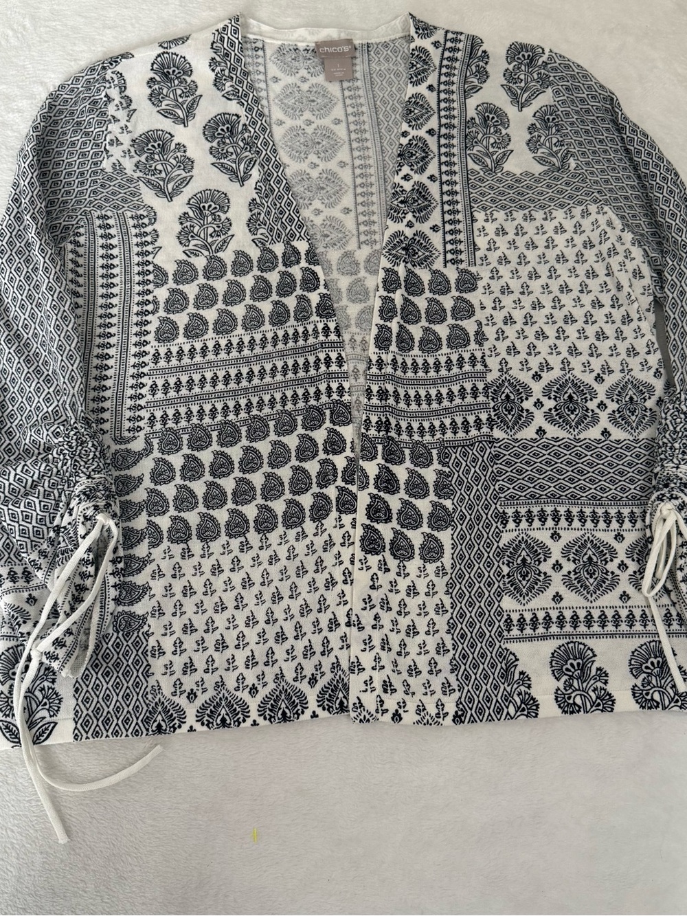 Chico's White and Black Patchwork Open Cardigan